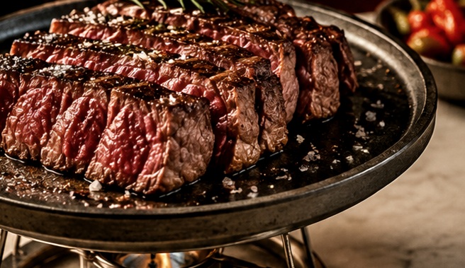 Carne servida sobre un plato caliente de hierro fundido